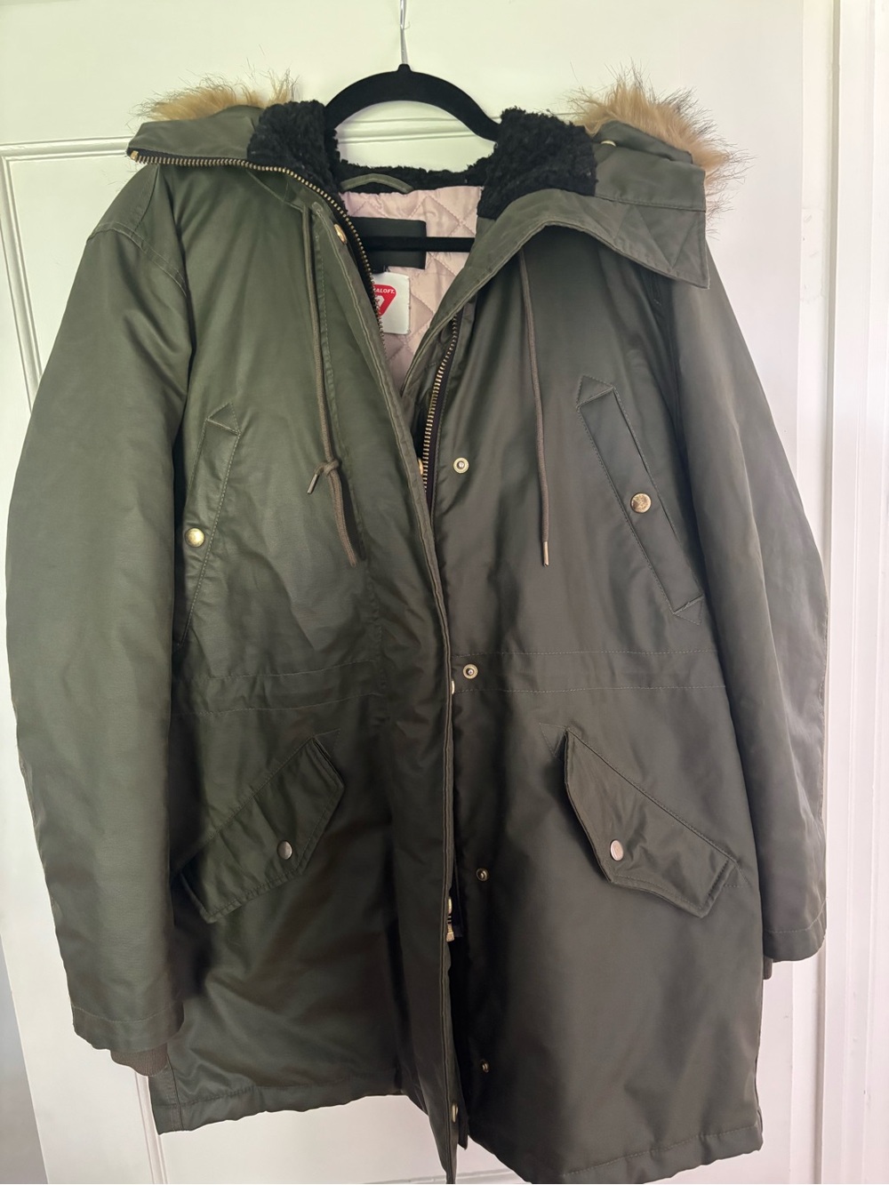 Women’s J. Crew Olive Green Coat with Faux Fur Hood - size M